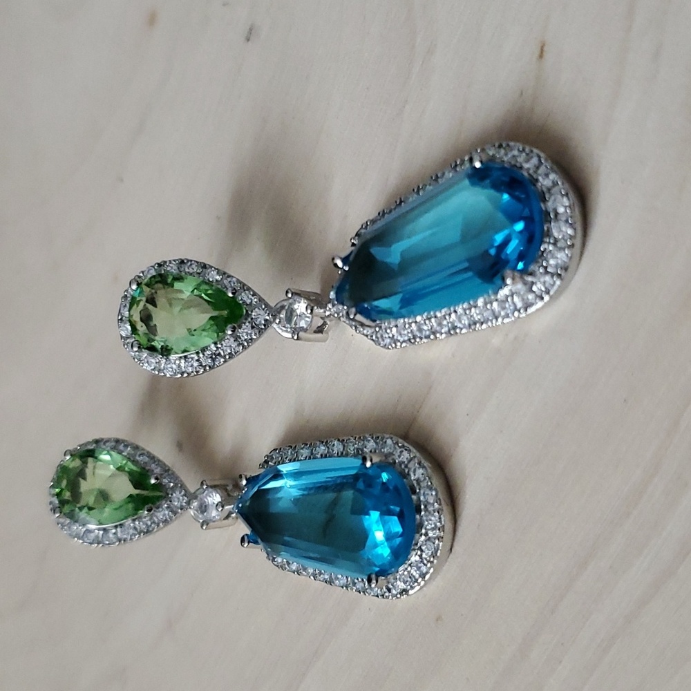 Sterling Silver 925 Aquamarine Peridot Dangle Earrings - Picture 6 of 12